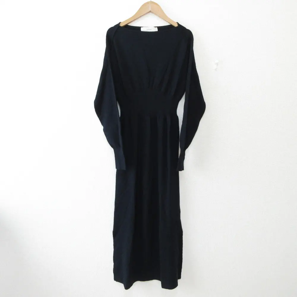 CYCLAS シクラス ボートネック 長袖 ウエストマーク ロング マキシ丈 ニットワンピース 34 ネイビー