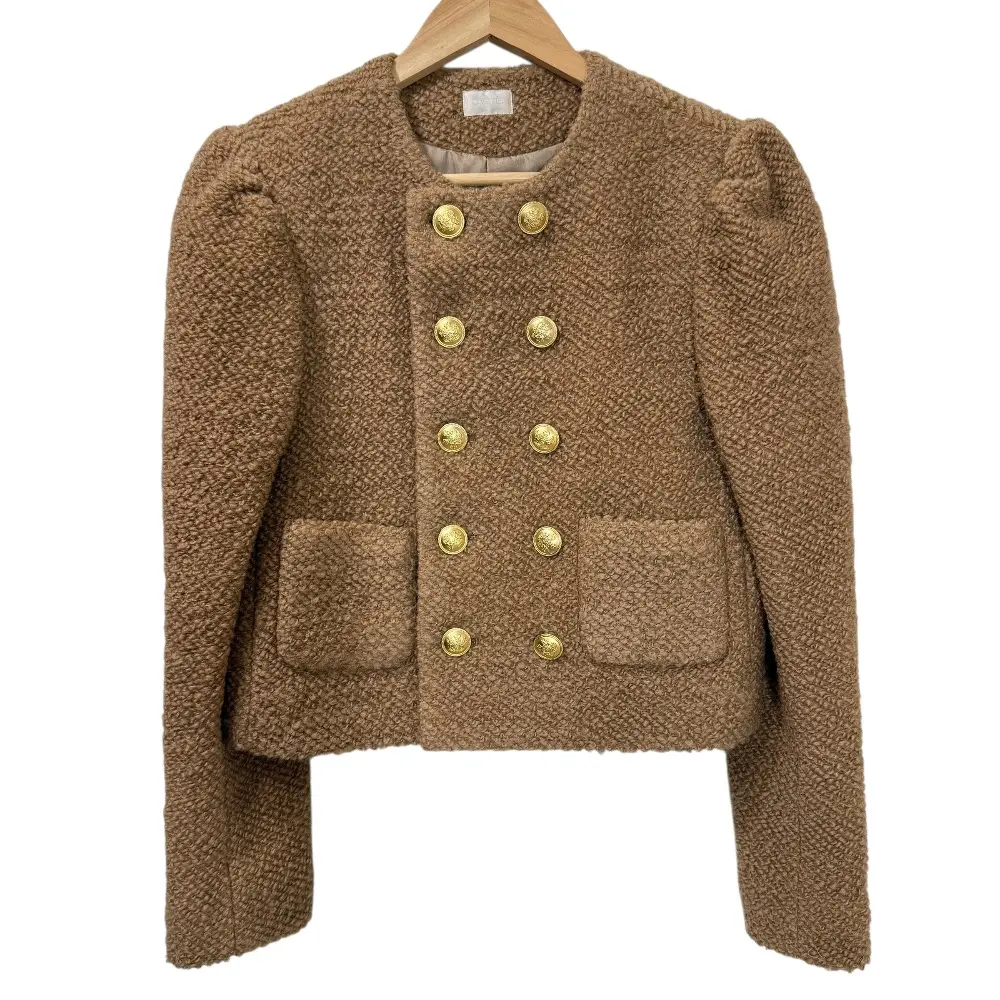 クリーニング済み cygne シーニュ 金ボタン ノーカラー モコモコジャケット ツイードジャケット 1 キャメル