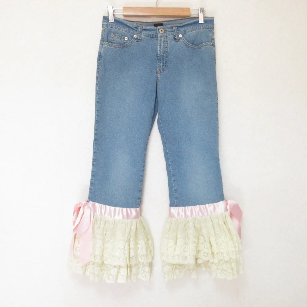 D&G ディー＆ジー ドルチェ＆ガッバーナ レース フリルヘム クロップド デニムパンツ ジーンズ W31 インディゴ