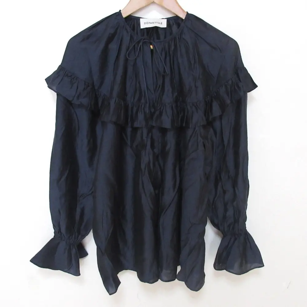 25AW DEPAREILLE デパリエ ラッフル 長袖 リボンタイ ギャザーブラウス シャツ サイズ38 ネイビー