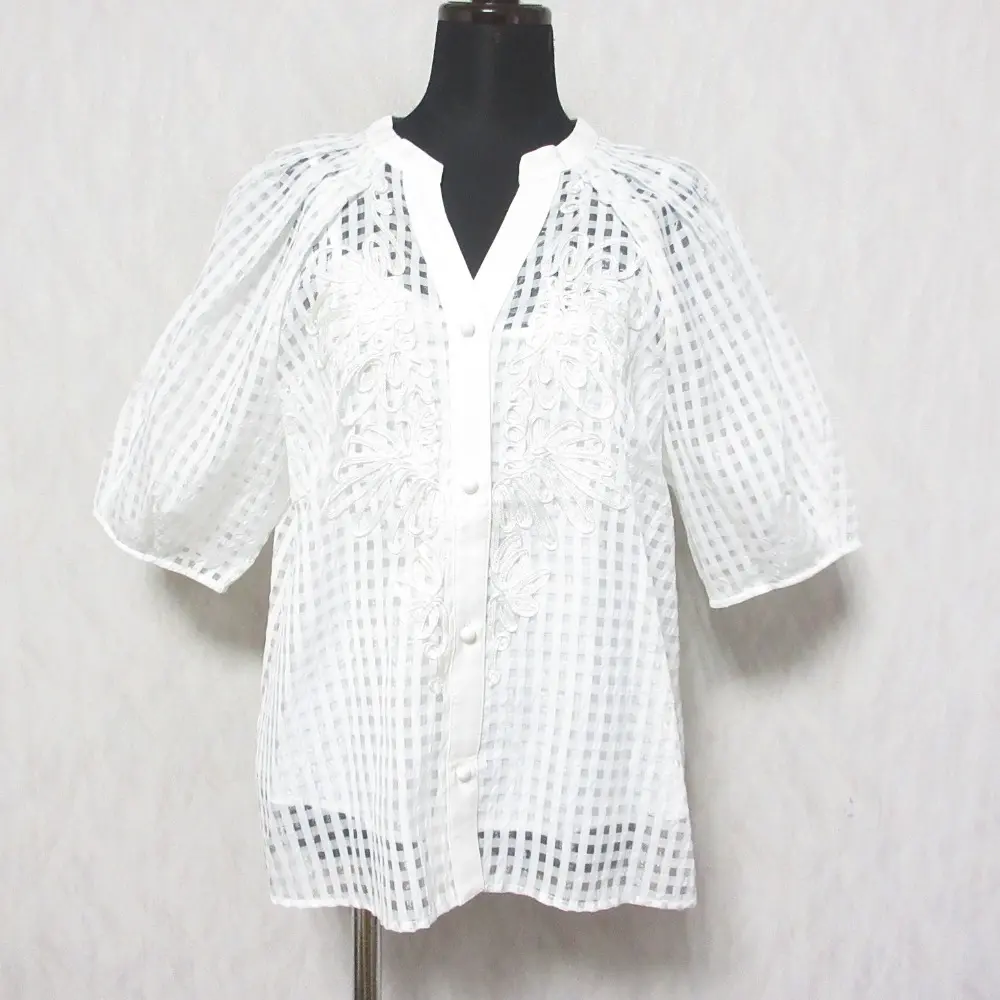 23SS Diagram ダイアグラム グレースコンチネンタル コード刺繍ブラウス チェック 半袖 シアーシャツ 0323241065 38 ホワイト