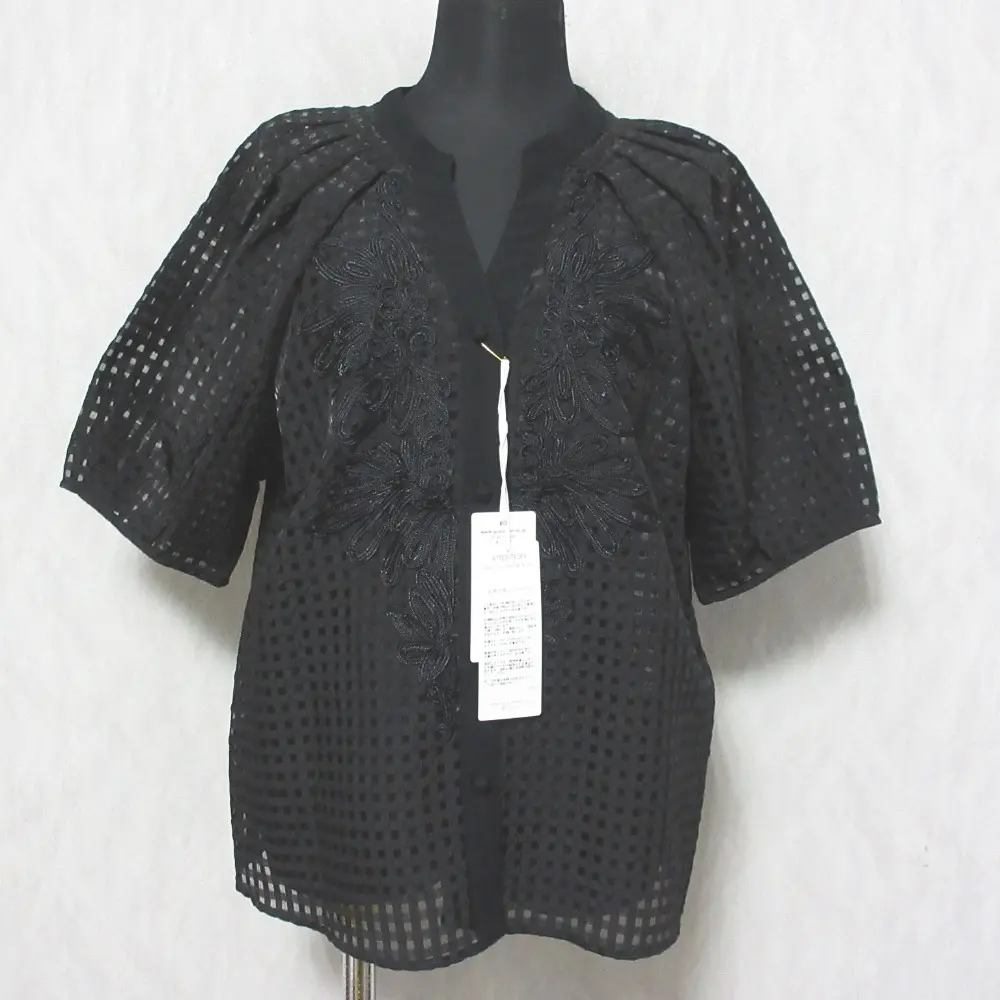 23SS Diagram ダイアグラム グレースコンチネンタル コード刺繍ブラウス チェック 半袖 シアーシャツ 0323241065 36 ブラック