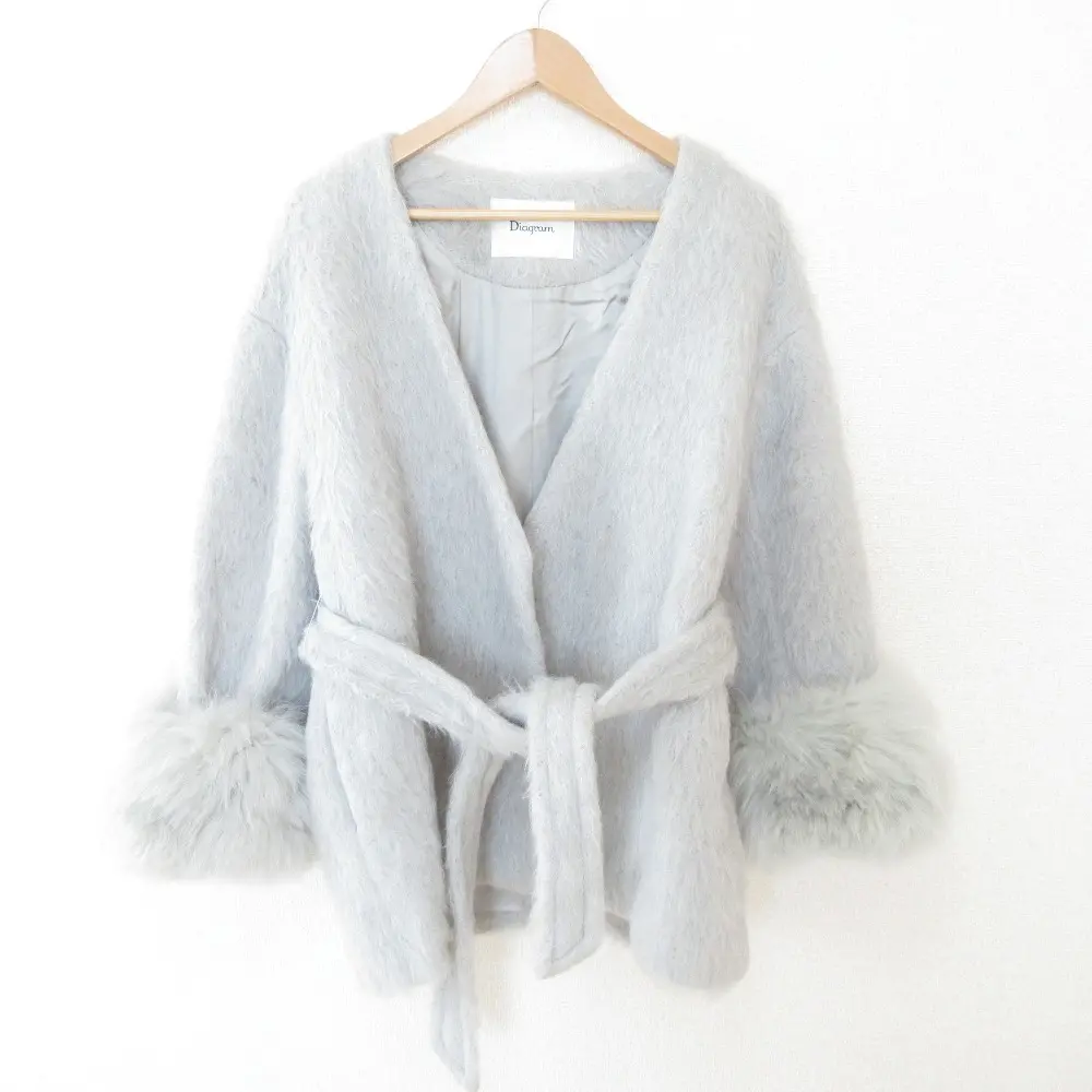 Diagram ダイアグラム グレースコンチネンタル ファー付きシャギージャケット アルパカ×モヘア ベルテッド コート 34 ライトグレー