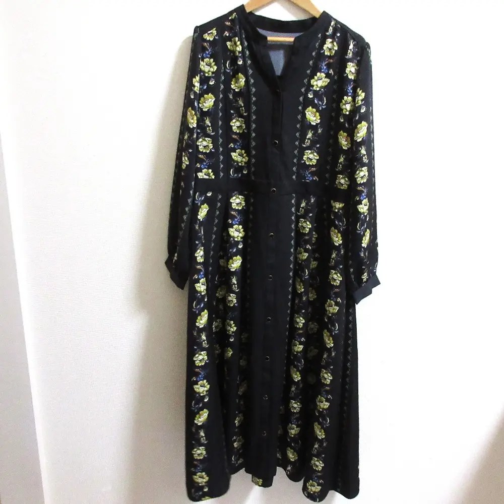 Diagram ダイアグラム グレースコンチネンタル 長袖 ラインプリント ワンピース サイズ38 ブラック