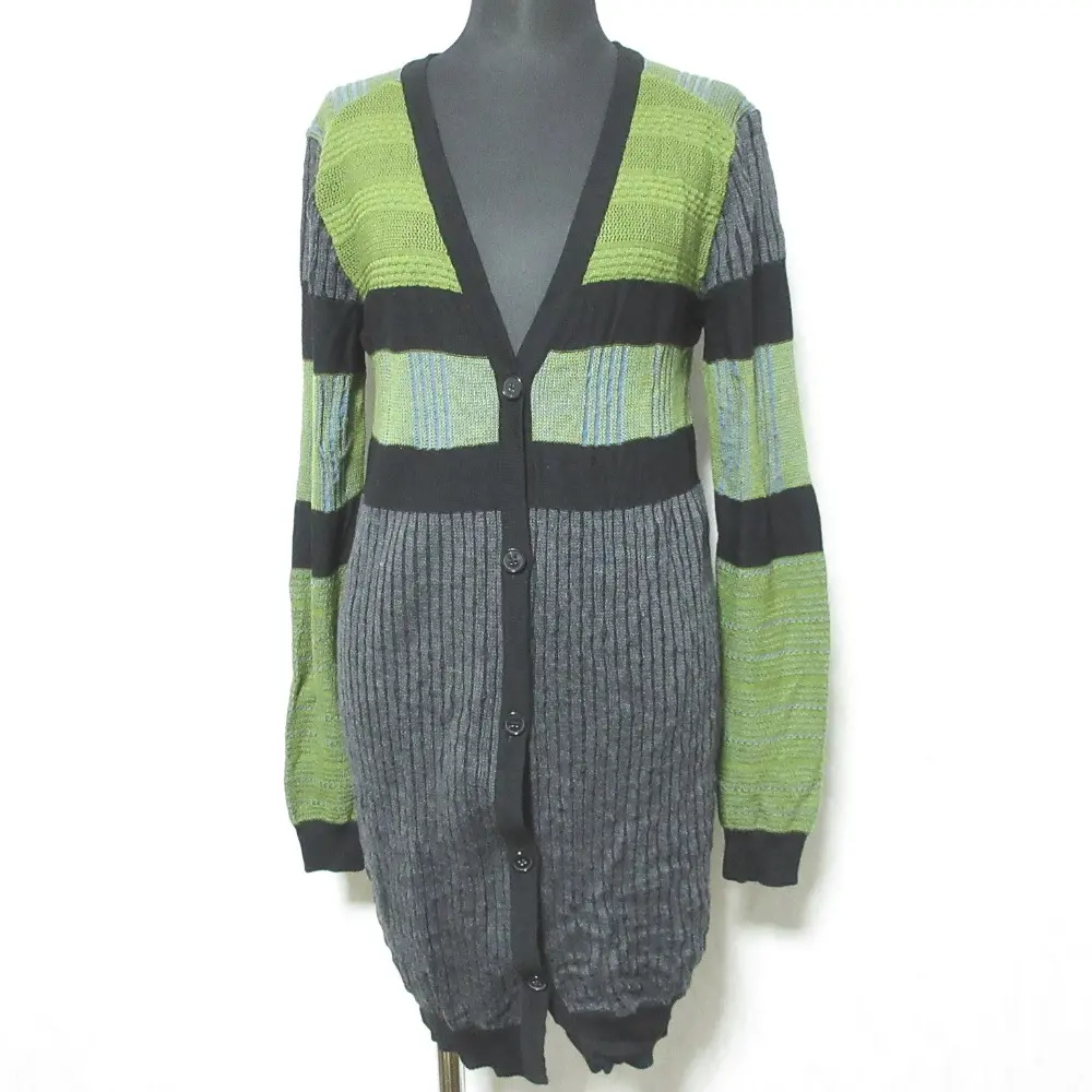 DIESEL BLACK GOLD ディーゼルブラックゴールド 配色 切替 長袖 Vネック ロング ニットカーディガン S カーキ系×グレー