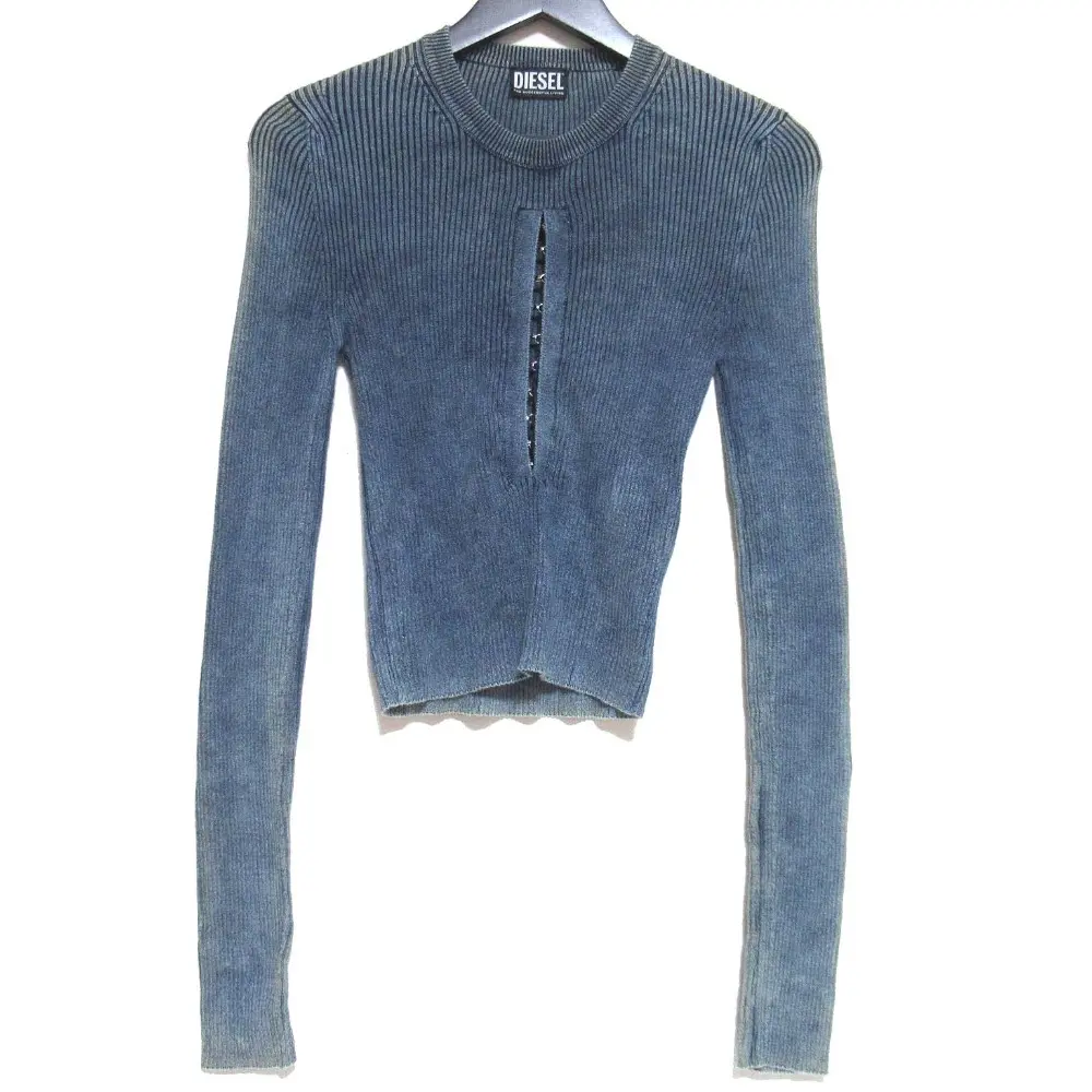 DIESEL ディーゼル バックロゴプレート ウォッシュ加工 ロングスリーブ フロントホック リブニット カットソー S インディゴブルー