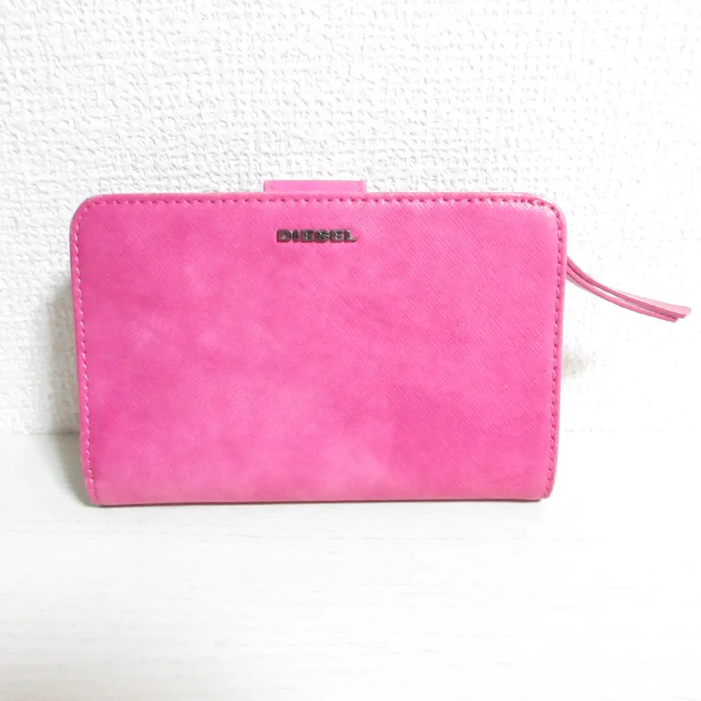 DIESEL ディーゼル レザー マーブル ムラ染め コンパクトウォレット 二つ折り財布 ピンク
