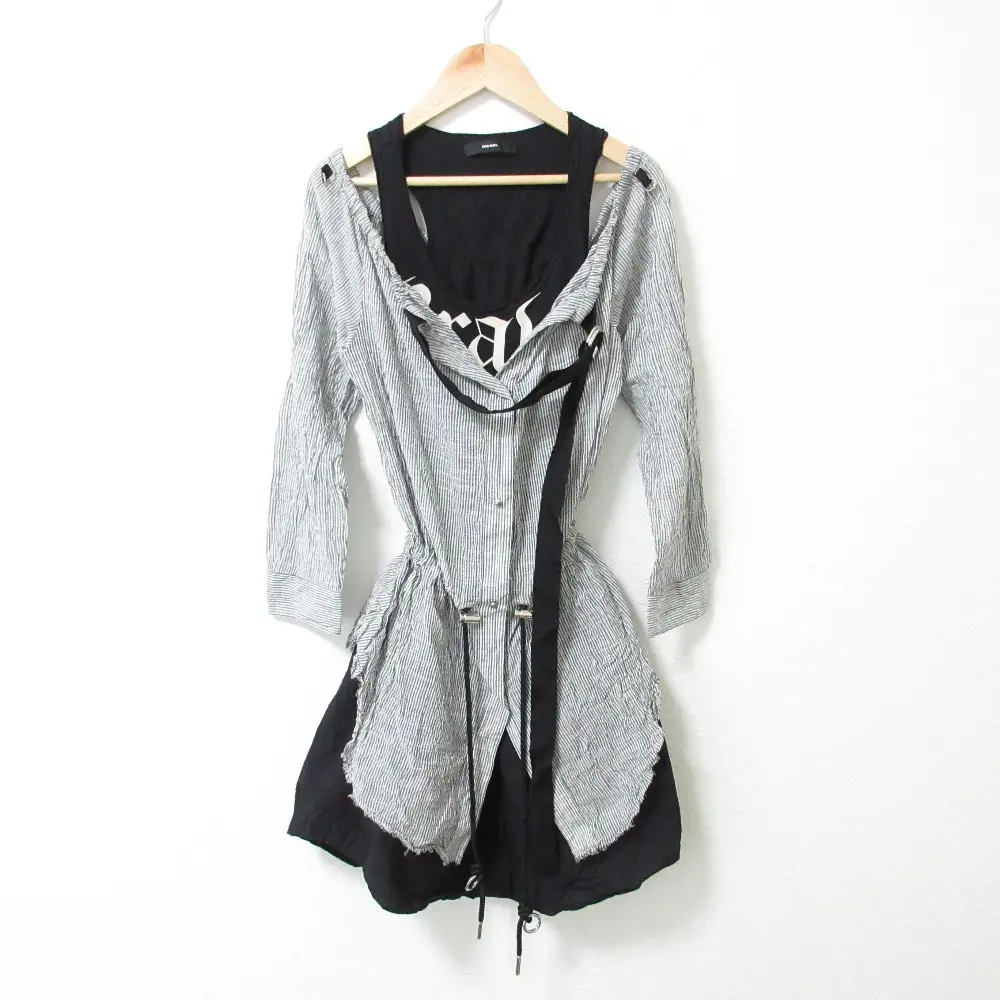 DIESEL ディーゼル ストライプ柄 ロゴ レイヤード 長袖シャツ+ノースリーブ ドッキング チュニック ワンピース S グレー×ブラック