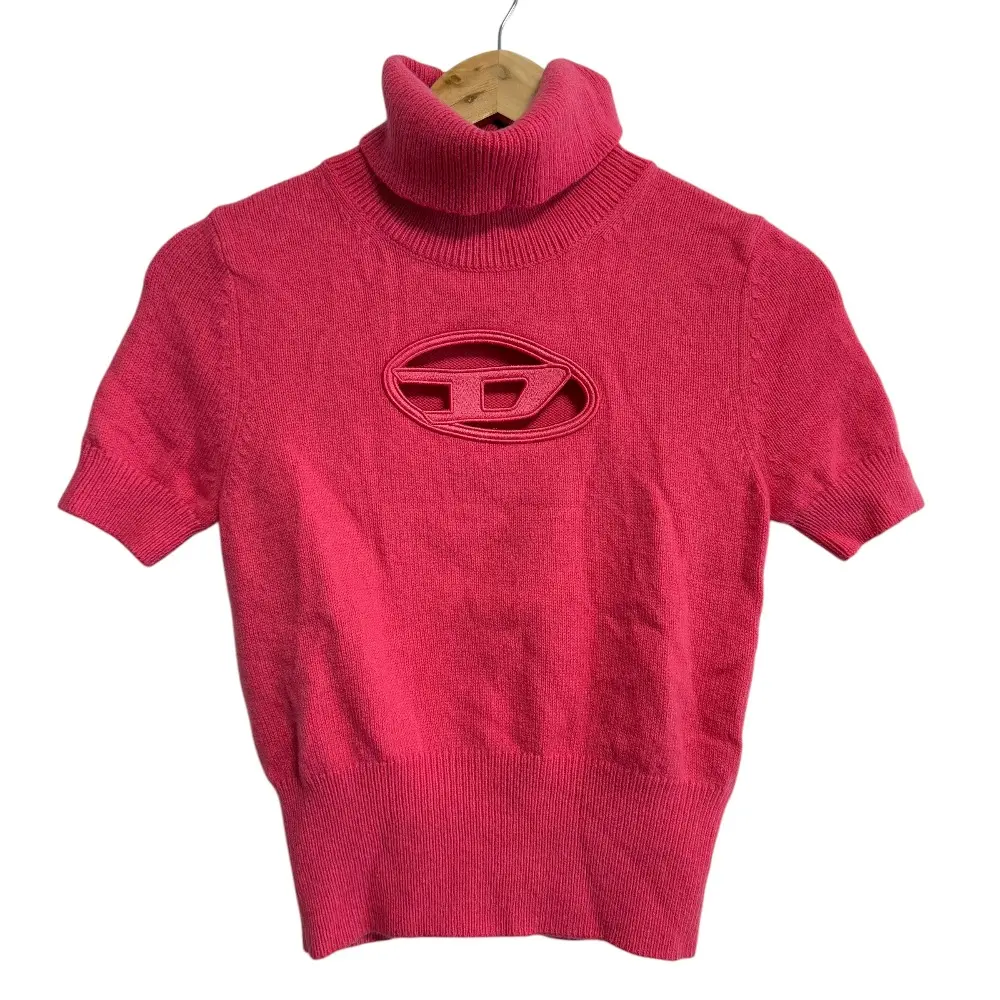 DIESEL ディーゼル M-ARGARET 半袖 カシミヤブレンド フロントカットワーク タートルネック クロップド ニット セーター S ピンク