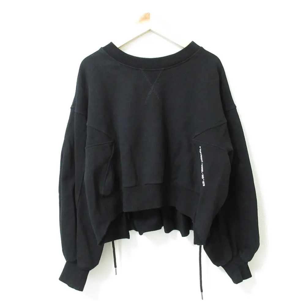 DIESEL ディーゼル バックフリル ドロスト ラウンドネック ショート丈 クロップド スウェット トレーナー プルオーバー XS ブラック