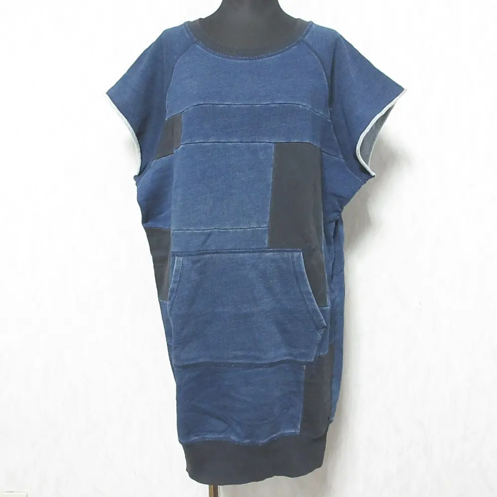DIESEL ディーゼル スウェット ジョグファブリック フレンチスリーブ パッチワーク チュニック ミニワンピース S ネイビー