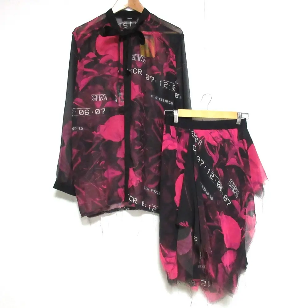 DIESEL ディーゼル プリント 総柄 ボウタイ シアーブラウス＋イレヘムスカート セットアップ M/XS ピンク×ブラック