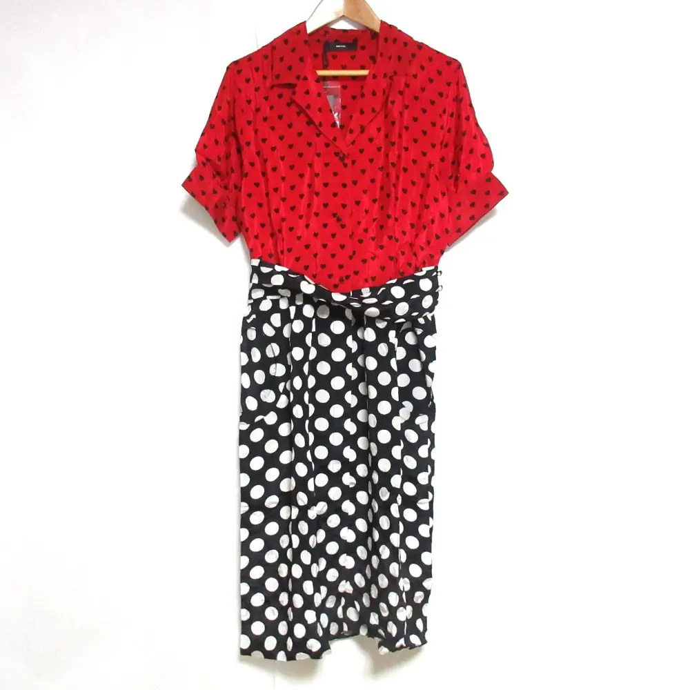 DIESEL ディーゼル ハートドット柄 半袖 マキシ丈 ドッキング シャツワンピース S レッド×ブラック