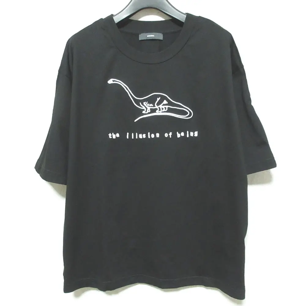 DIESEL ディーゼル アニマル刺繍ボクシーフィットTシャツ ジップスリーブ 半袖 クルーネック カットソー XS ブラック