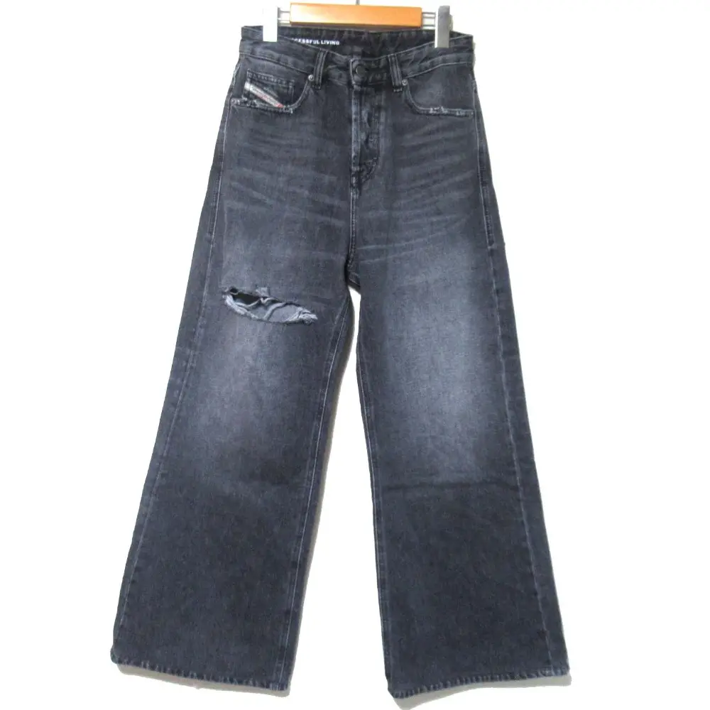 DIESEL ディーゼル 1996 D-SIRE コットンヘンプブレンド ボタンフライ ダメージ加工 ワイドデニムパンツ W23 170/60A ブラック