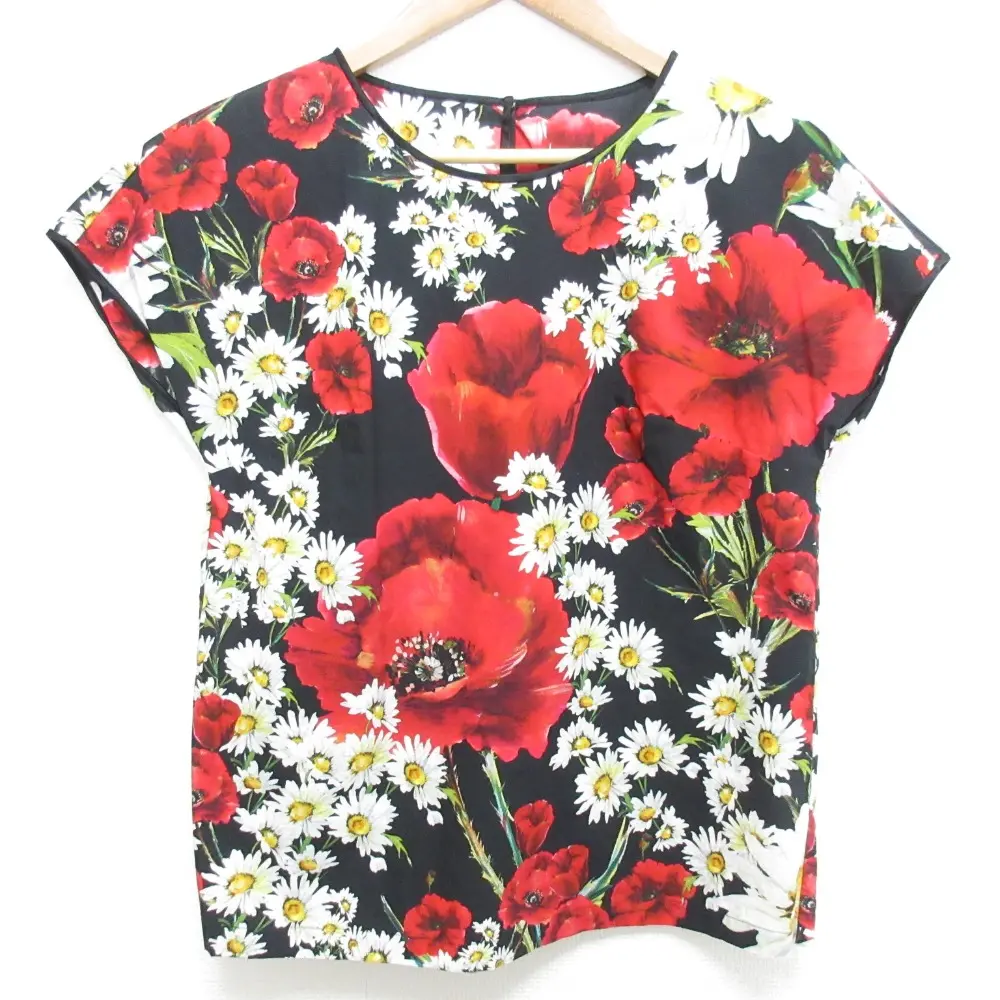 DOLCE＆GABBANA ドルチェ＆ガッバーナ フラワープリント フレンチスリーブ ブラウス カットソー ブラック サイズ40 レッド系