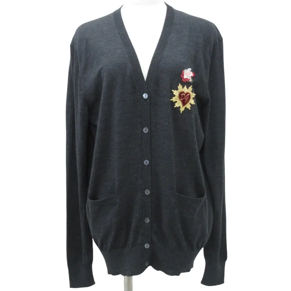 DOLCE&GABBANA ドルチェ＆ガッバーナ DGロゴ ハート フラワー ウール100% ニット カーディガン 42 ダークグレー