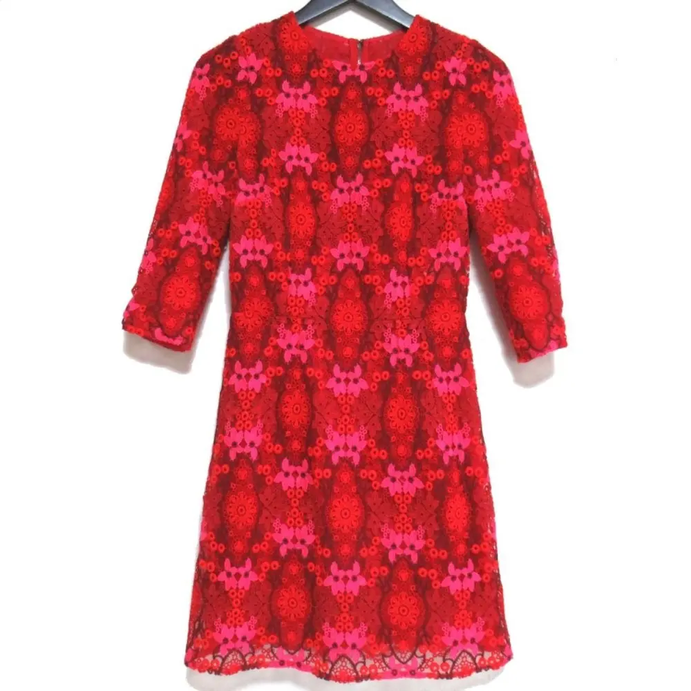 DOLCE&GABBANA ドルチェ&ガッバーナ フラワー クロシェ エンブロイダリー 七分袖 ひざ上丈 ワンピース 38 レッド系