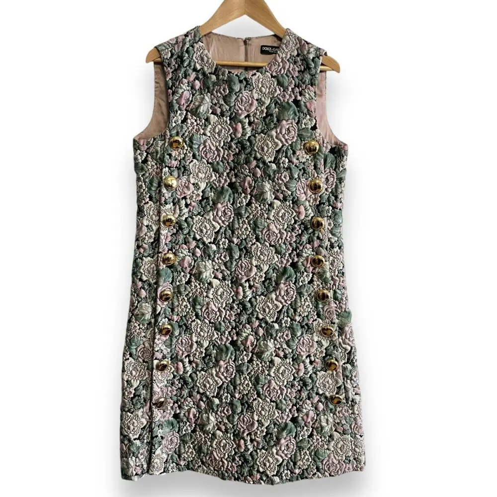 DOLCE&GABBANA ドルチェ&ガッバーナ フラワージャガード 金ボタン ひざ丈 ノースリーブワンピース ドレス 42 マルチカラー