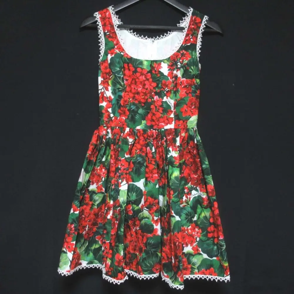 クリーニング済 DOLCE&GABBANA ドルチェ&ガッバーナ フラワー柄 レーストリム ミニ丈 ノースリーブ ドレス ワンピース 36