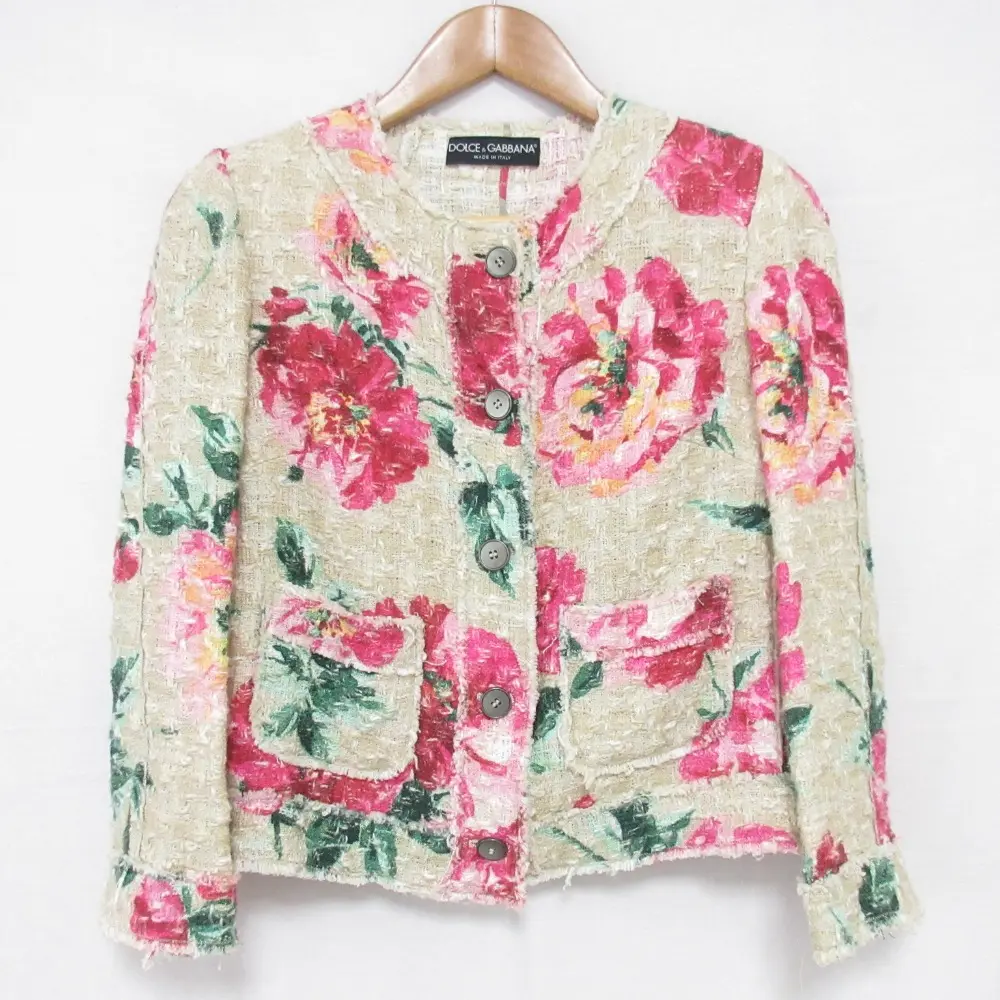 DOLCE&GABBANAドルチェ＆ガッバーナ フラワープリント ツイードノーカラージャケット サイズ38 ベージュ×ピンク