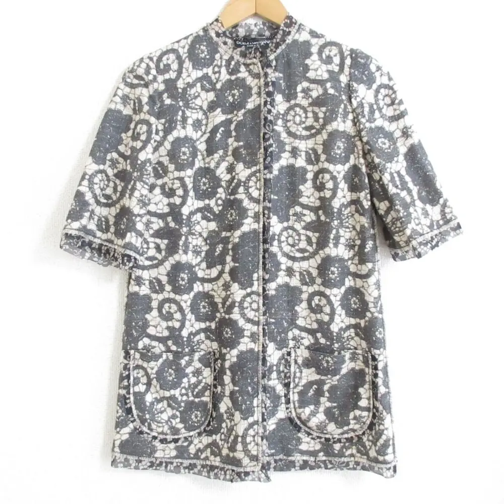 DOLCE&GABBANA ドルチェ&ガッバーナ フローラルジャガード シルク100％ハーフスリーブ ツイードジャケット 40 ベージュ×ブラック