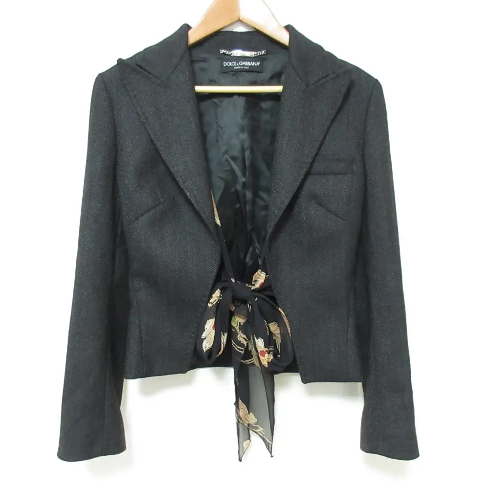 DOLCE &GABBANA ドルチェアンドガッバーナ ヘリンボーン リボンレイヤード テーラードジャケット 40 ブラック