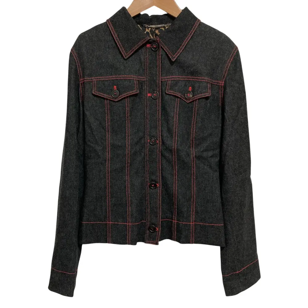DOLCE&GABBANA ドルチェ＆ガッバーナ 裏地レオパード柄 レッドステッチ デニムジャケット Gジャン ブルゾン 40 ブラック