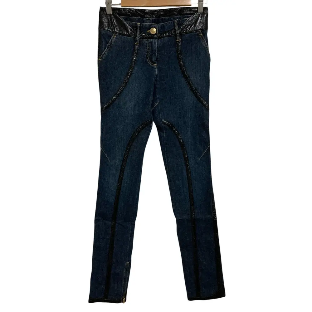 DOLCE&GABBANA ドルチェ＆ガッバーナ ストレッチ レザー切替 裾ジップ スリム スキニー デニムパンツ ジーンズ 36 インディゴ