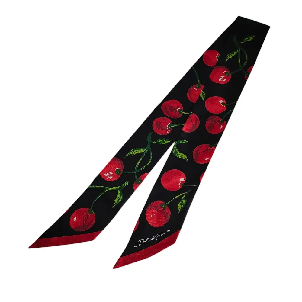 DOLCE&GABBANA ドルチェアンドガッバーナ ドルガバ シルク100％ チェリープリント ツイル スカーフ ブラック×レッド 