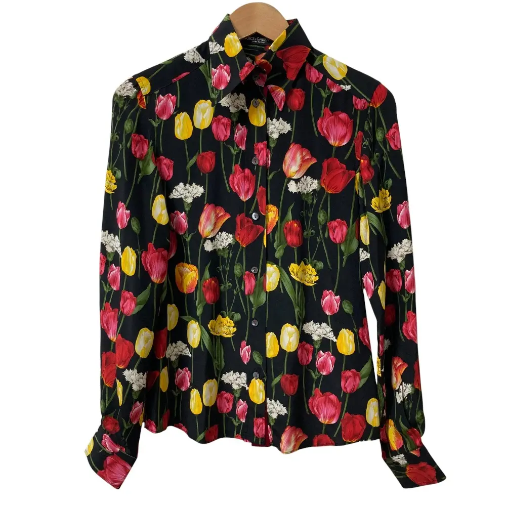 DOLCE&GABBANA ドルチェアンドガッバーナ ビジューカフス フラワープリント シルクシャツ サイズ38 ブラック