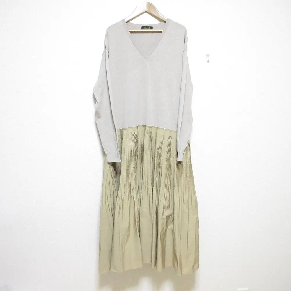 22SS Drawer ドゥロワー 長袖 14Gコットンニットドッキング プリーツワンピース 6526-299-1289 ベージュ