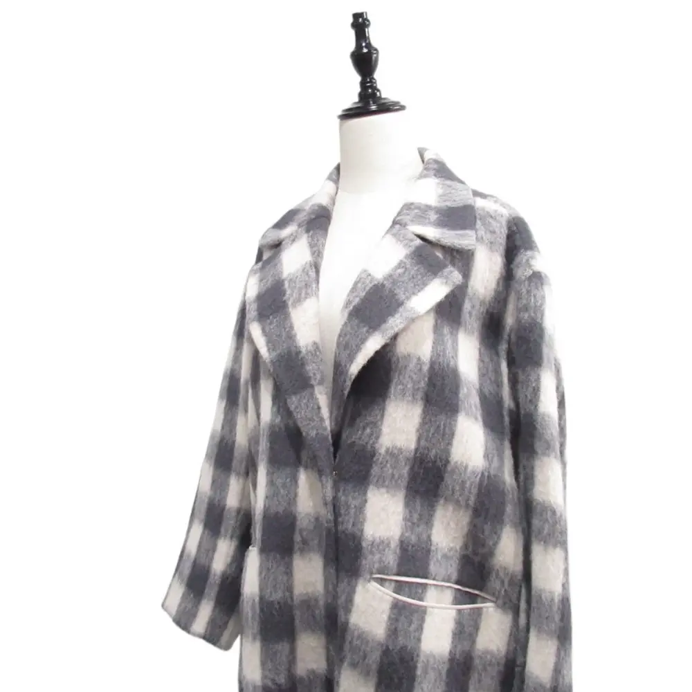 Drawer ドゥロワー ケヌキ シャギー チェック柄 チェスターコート コクーンシルエット オーバーサイズ 38 ベージュ×ブラック