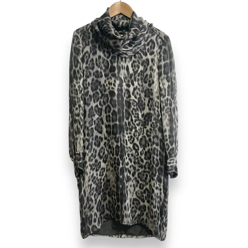 Drawer ドゥロワー レオパード ヒョウ柄 シルク100％ 長袖 ボリュームネック ひざ丈 ワンピース ドレス 6526-299-0366 36 グレー