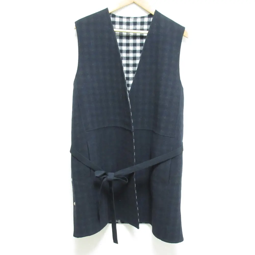 21AW Drawer ドゥロワー リバーシブル ウール ケヌキ チェック コンビ リバーシブル ジレ 6522-234-0817 サイズ36 ネイビー