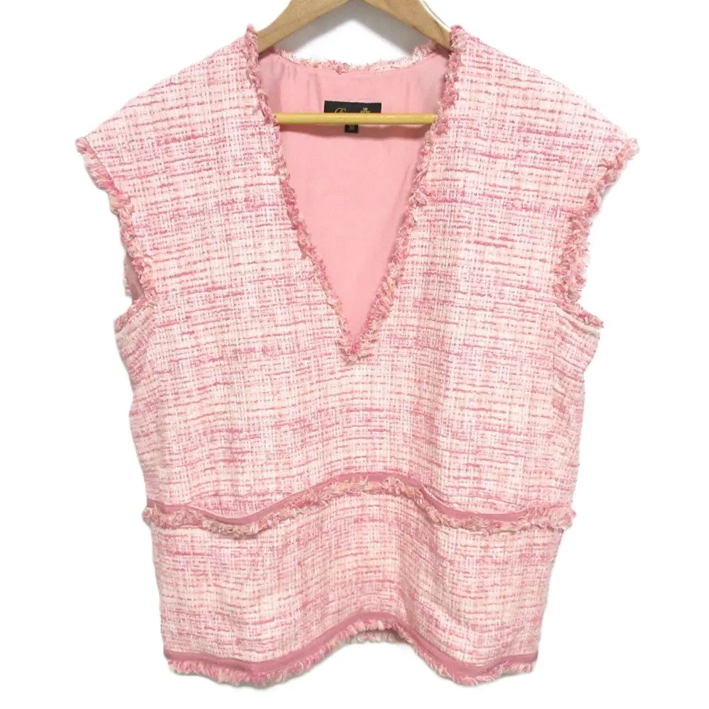 Drawer ドゥロワー ツイード Vネック フリンジ ノースリーブ ブラウス カットソー ベスト 6521-299-0865 36 ピンク