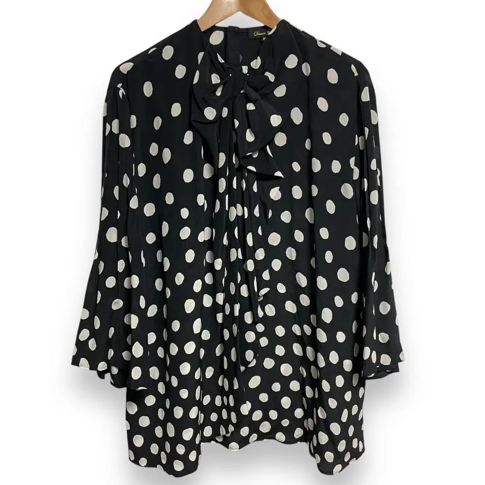 21AW Drawer ドゥロワー ドット柄 シルク100％ 長袖 プルオーバーシャツ ブラウス 36 ブラック×ホワイト