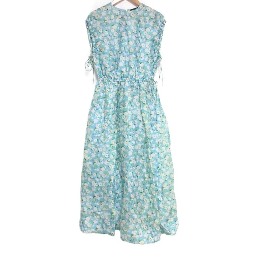 23SS Drawer ドゥロワー フラワープリント シルク100％ マキシ丈 ノースリーブ ワンピース 36 ブルー系