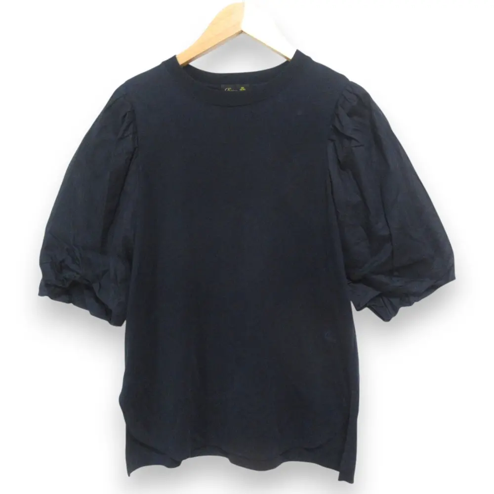 DRAWER ドゥロワー ロゴ刺繍 異素材切り替え パフスリーブ 半袖 Tシャツ カットソー 6517-206-0640 ネイビー