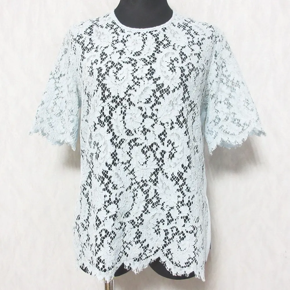 Drawer ドゥロワー スカラップ ショートスリーブ プルオーバー レースブラウス カットソー 40 ライトブルー