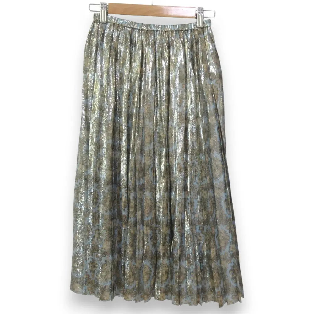 DRAWER ドゥロワー シルクブレンド フラワープリント マキシ丈 プリーツ イージースカート 36 ライトブルー×ゴールド