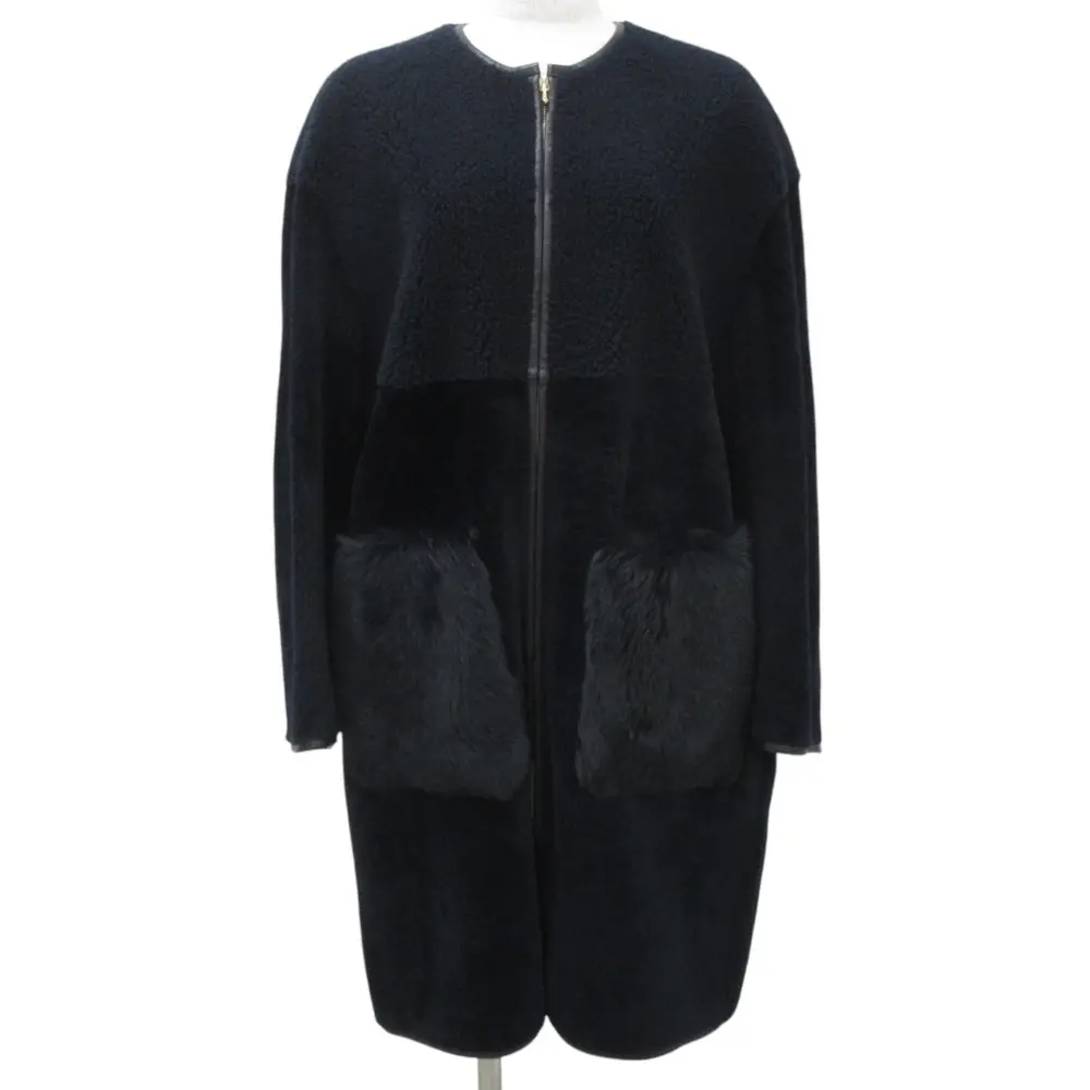 Drawer ドゥロワー ポケットファー ムートン ノーカラーコート 38 ネイビー