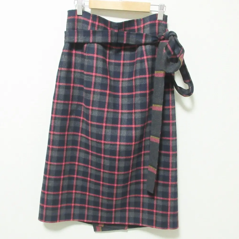 DRAWER ドゥロワー チェック柄 リバーシブルラップスカート 6524-299-1228 36サイズ グレー×ピンク