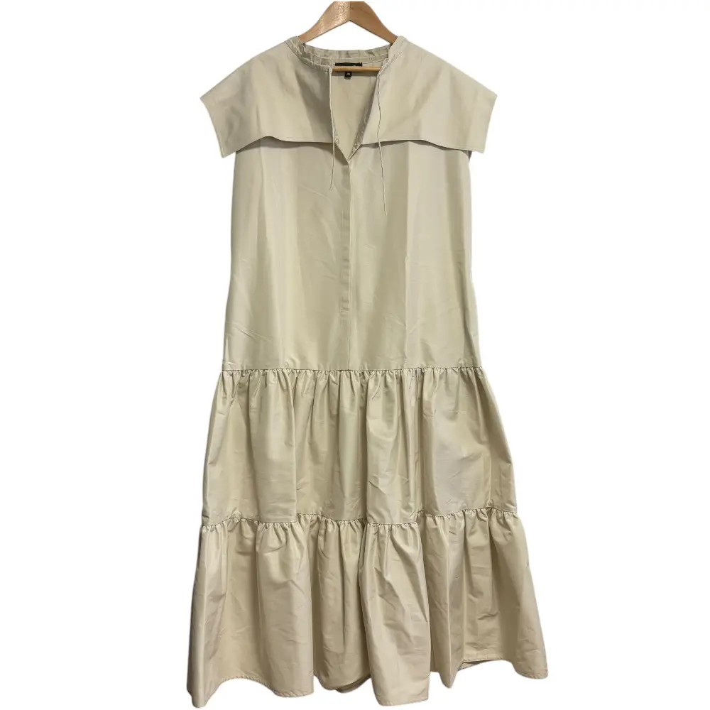 DRAWER ドゥロワー ケープ付き シルクブレンド ミモレ丈 ノースリーブ ティアードワンピース 36 ベージュ