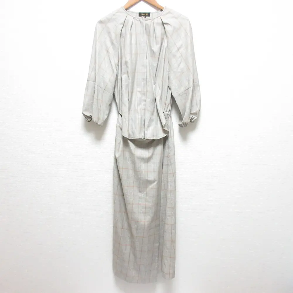 24SS Drawer ドゥロワー RESORT2 グレンチェック柄 ノーカラーワンピース サイズ38 ライトグレー