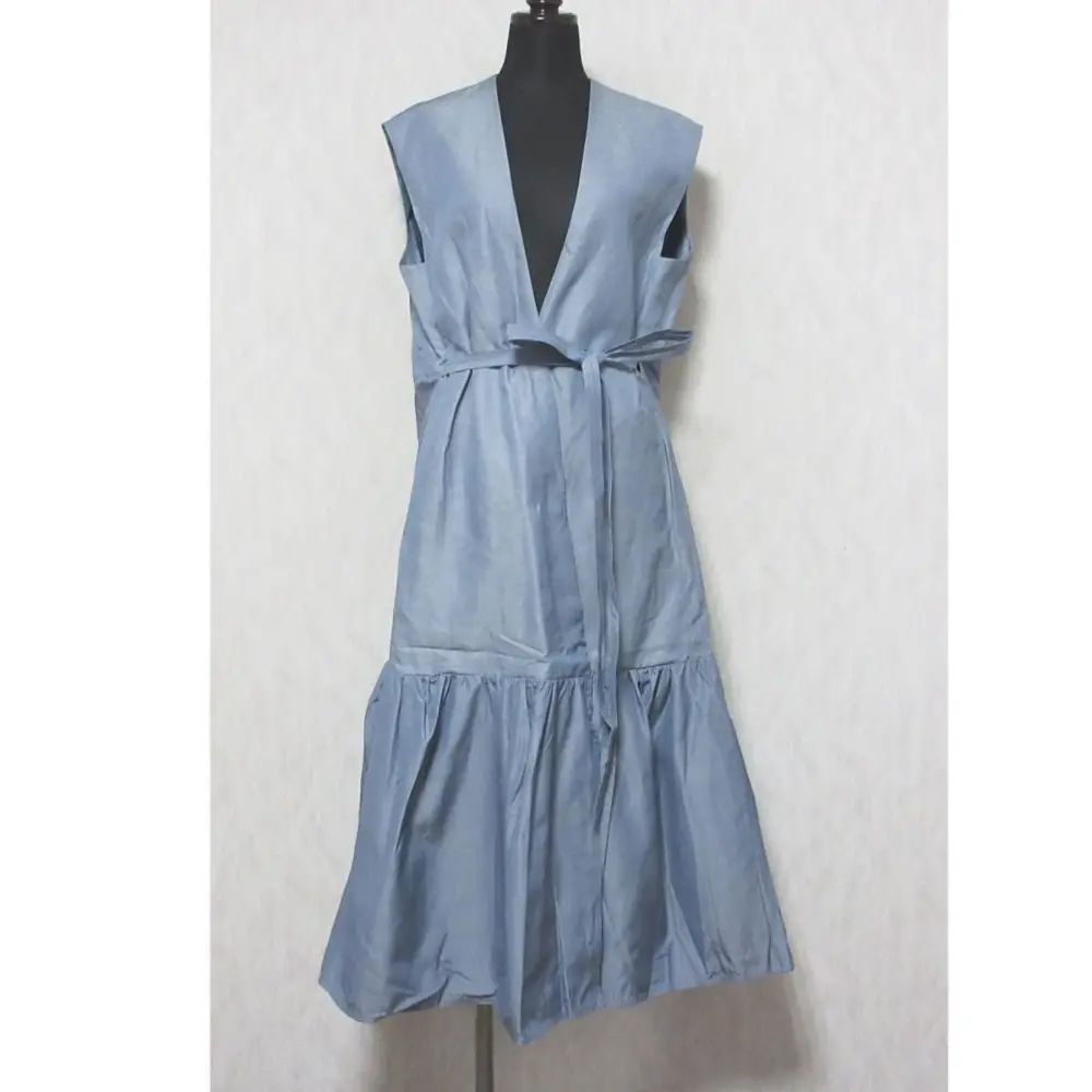 23SS DRAWER ドゥロワー リネン×シルクブ デニムギャザースカートワンピース ラップワンピース 6526-234-1342 36 ブルー