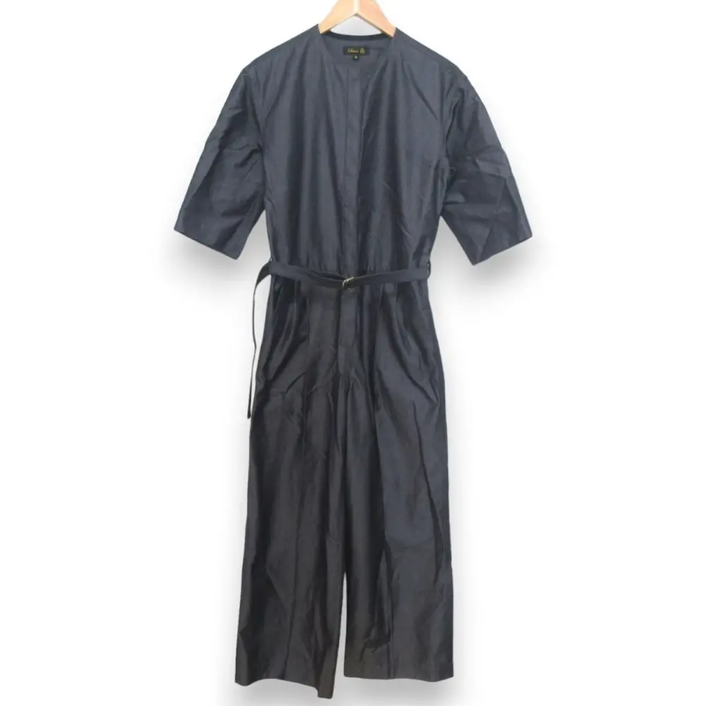 23SS DRAWER ドゥロワー シルクブレンド コットンデニムノーカラー ハーフスリーブ オールインワン パンツ 36 インディゴ系