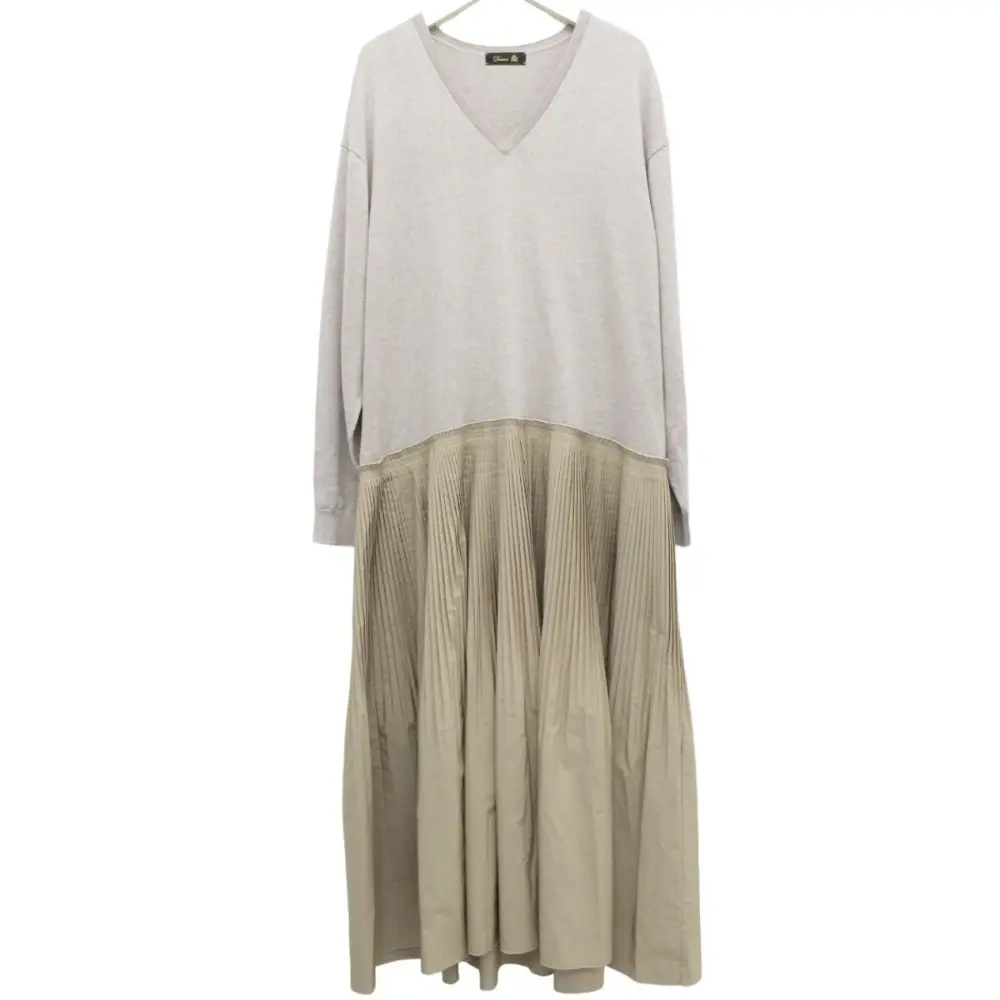 クリーニング済 22SS Drawer ドゥロワー 14Gコットンニット×プリーツ ドッキングワンピース ベージュ