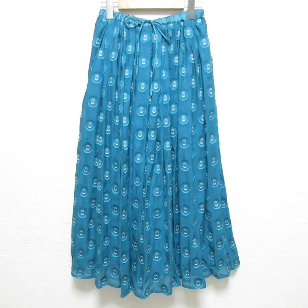 Drawer ドゥロワー シルクブレンド 総柄 シアーロング ギャザー スカート 6524-299-1628 サイズ36 ブルー系