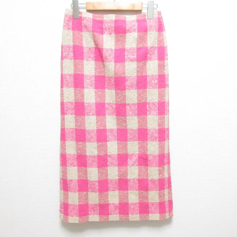  Drawer ドゥロワー チェック柄 ストレッチ ネップツイードスカート サイズ36 ピンク系